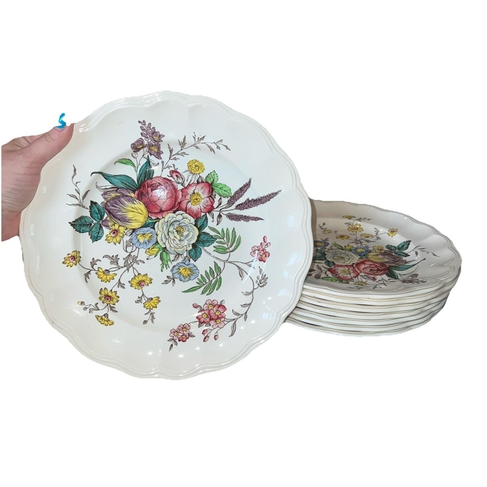 Vintage Copeland Spode Gainsborough Set of 8 Dinner Plates, 10 1/2" Floral White